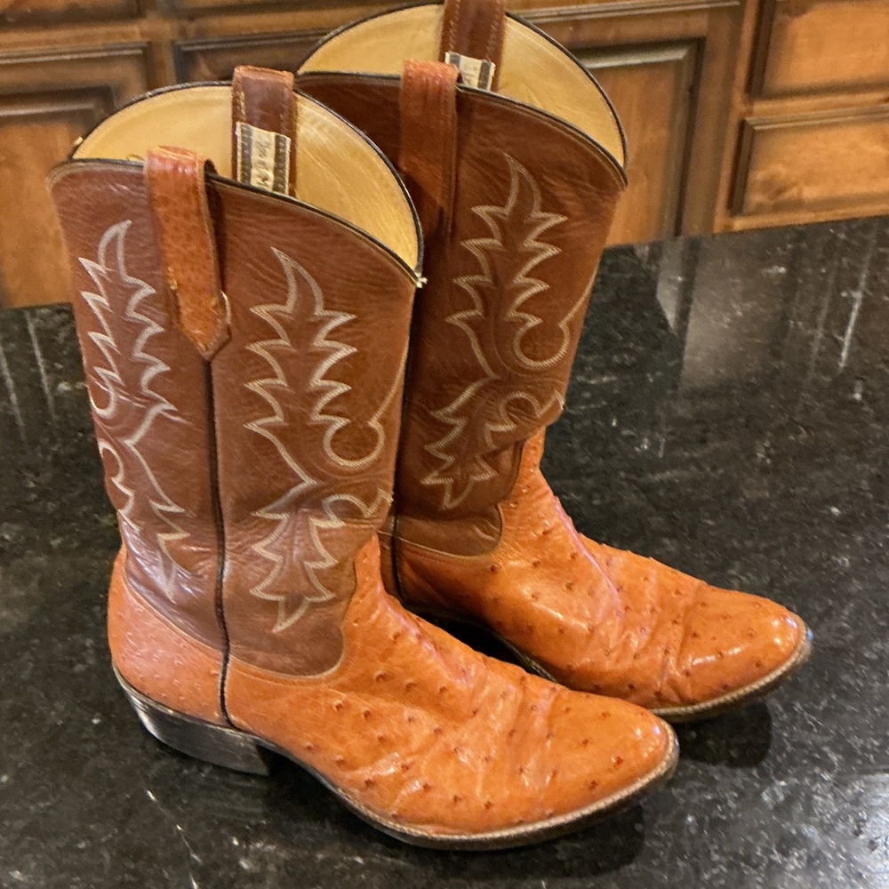 Rios of Mercedes Two-Tone Brown Tan Ostrich Leather Cowboy Boots